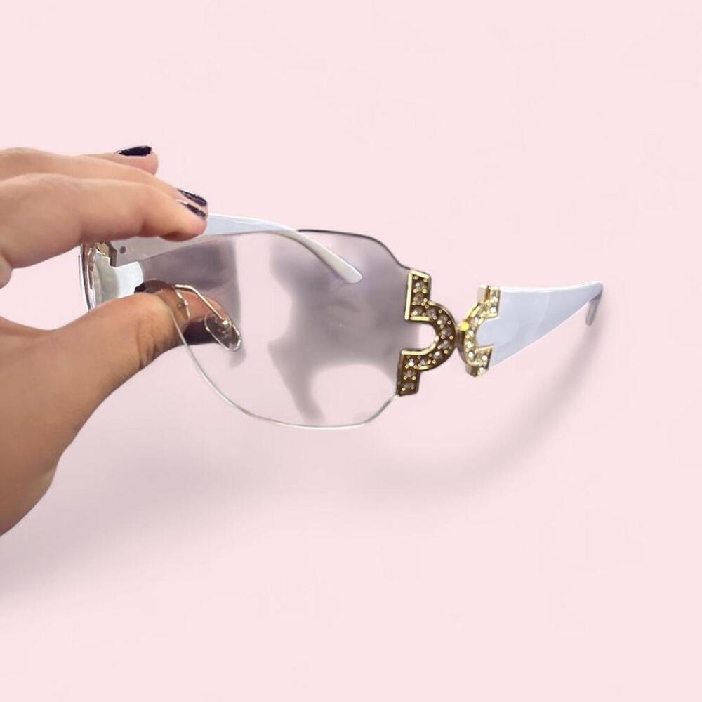 Y2k glam futuristic rhinestone rimless subglasses mcbling diva